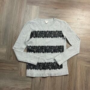 J.Crew Victorian Wool Blend Striped Lace Teddie Sweater Womens Small Gray Black